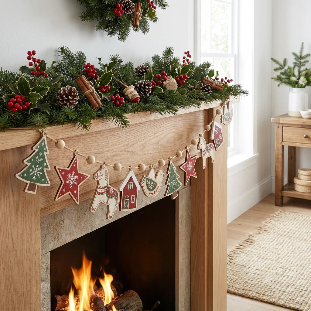 Scandinavian Christmas Wooden Garland with Wood Beads & Hemp Rope