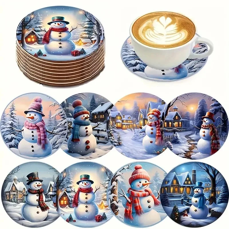 Christmas Wooden Coasters — Set of 8 Anti-Slip Festive Cup Mats for Bar & Home