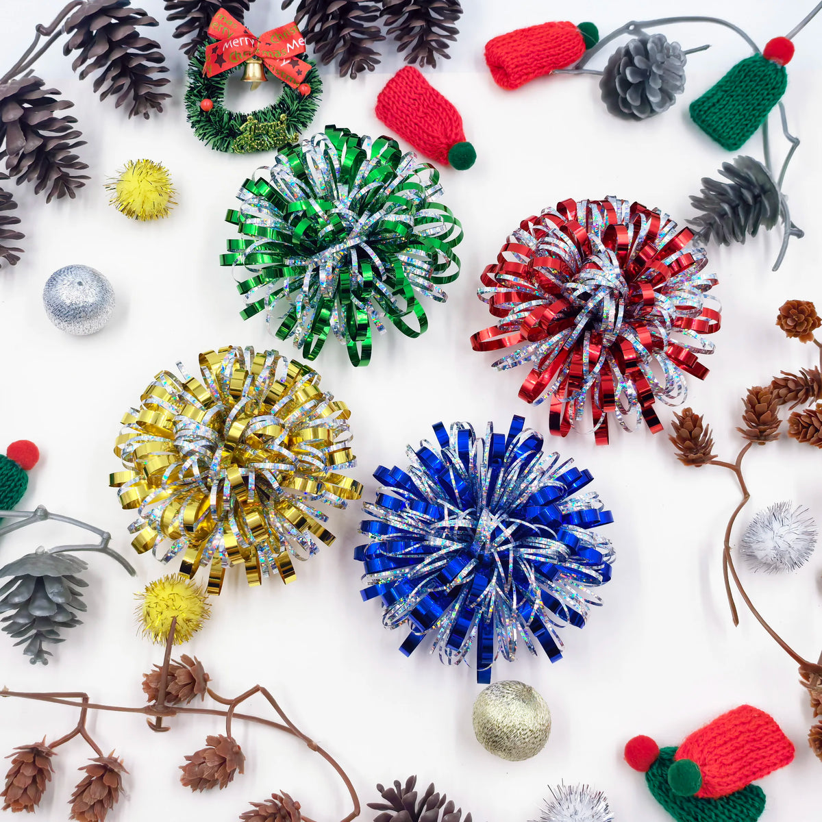 Firework Gift Bows 4-Pack – Mixed Color PET Pom Pom Bows for Christmas, Birthdays & Parties