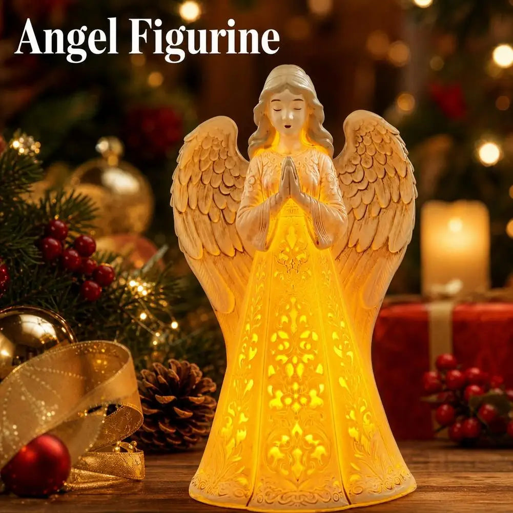 Christmas Praying Angel Statue with Warm LED Light – Hollow Resin Holiday Décor