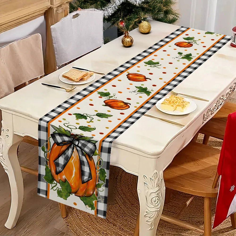 Fall Pumpkin Table Runner Black White Buffalo Plaid Edge, Autumn Harvest Bow Pumpkin Print Tablecloth, Thanksgiving Dining Table
