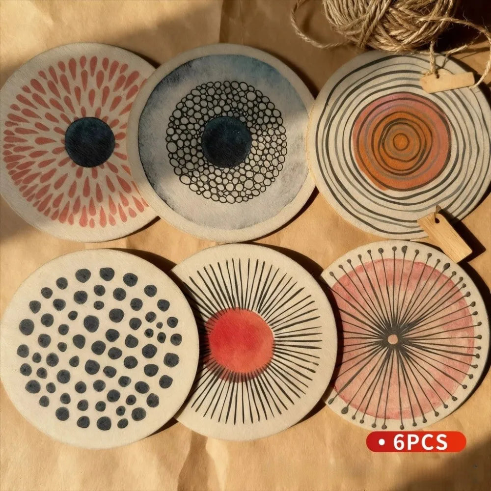 Wooden Circular Patterned Coasters — Set of 6 Eco-Friendly Heat-Resistant Cup Mats