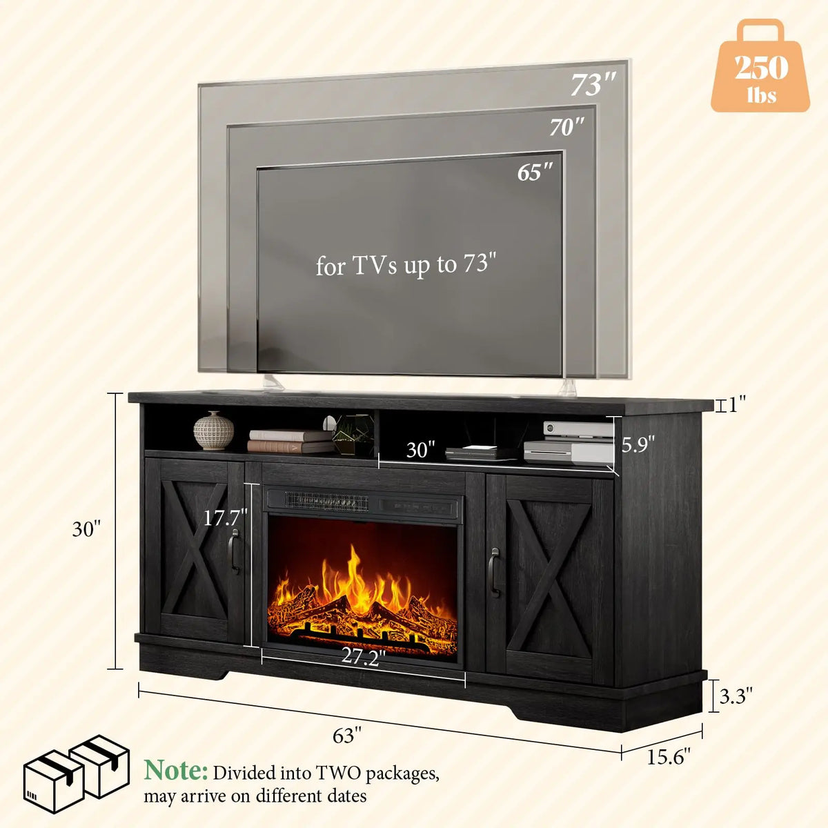 63" Farmhouse Fireplace TV Stand with 26" Electric Fireplace