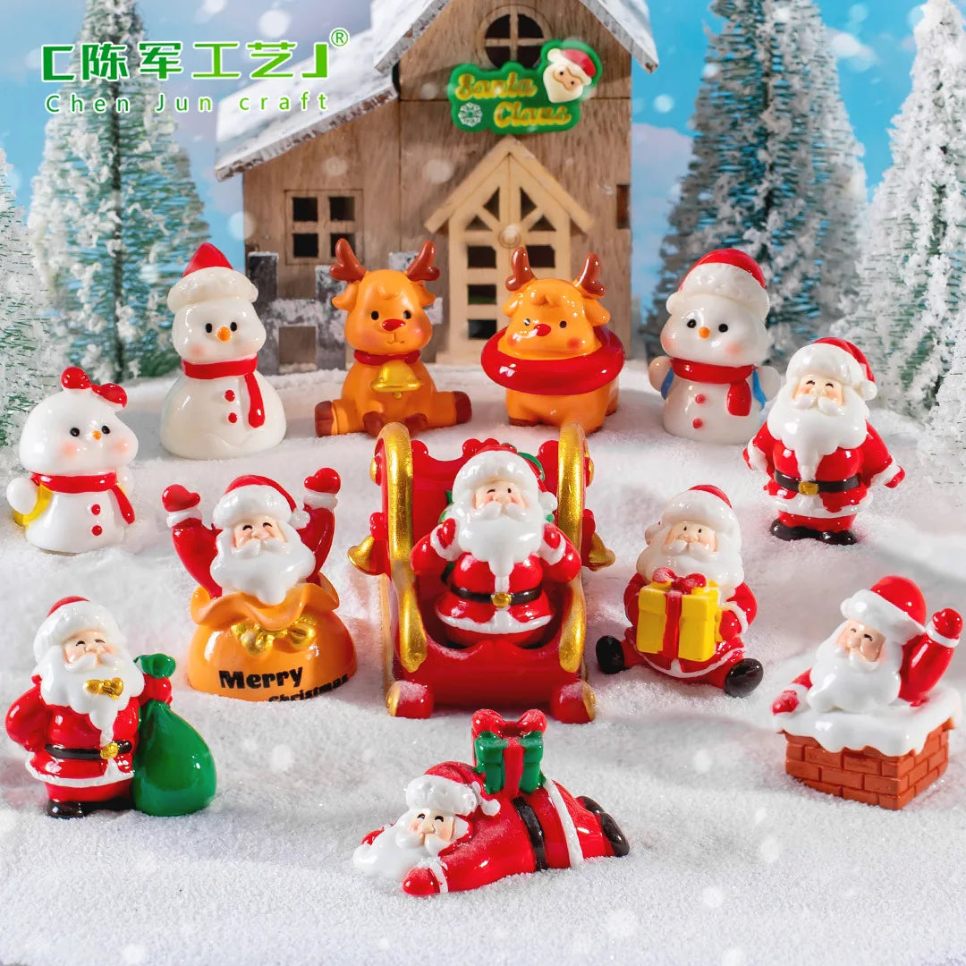 Christmas Resin Miniature Figurines – Santa, Elk & Snowman Holiday Décor Statues