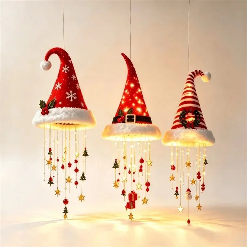 Christmas Santa Hat LED Hanging Light – Warm Glowing Chandelier String Light for Stairs & Home
