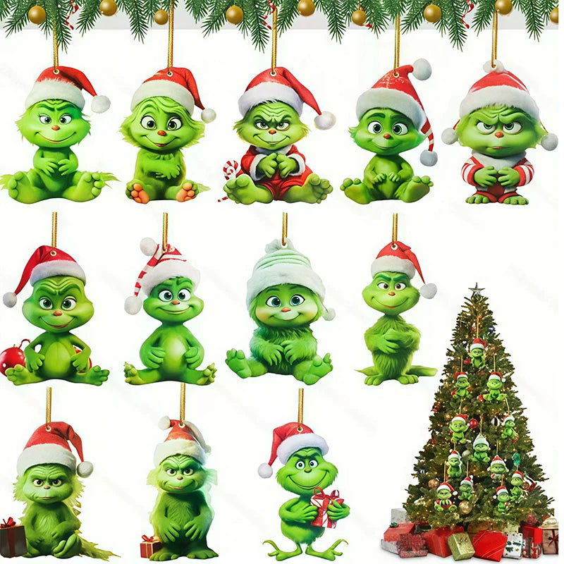 Green Character Christmas Tree Ornament Set — 12-Piece Acrylic Holiday Pendants