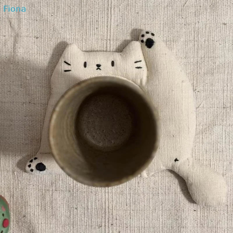 Cute Cat-Shaped Fabric Coasters — Soft Padded Linen Cup Mats for Home & Desk