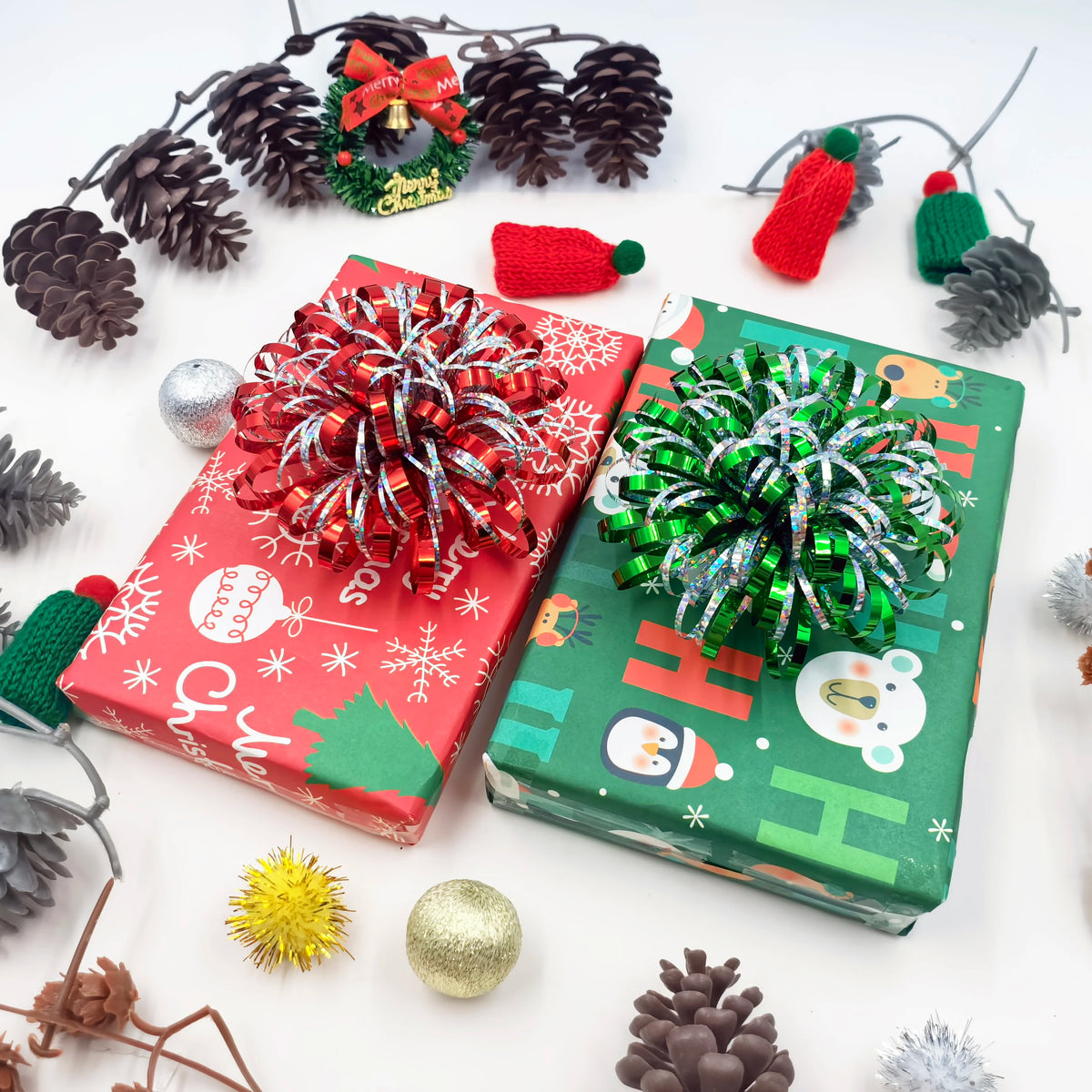 Firework Gift Bows 4-Pack – Mixed Color PET Pom Pom Bows for Christmas, Birthdays & Parties