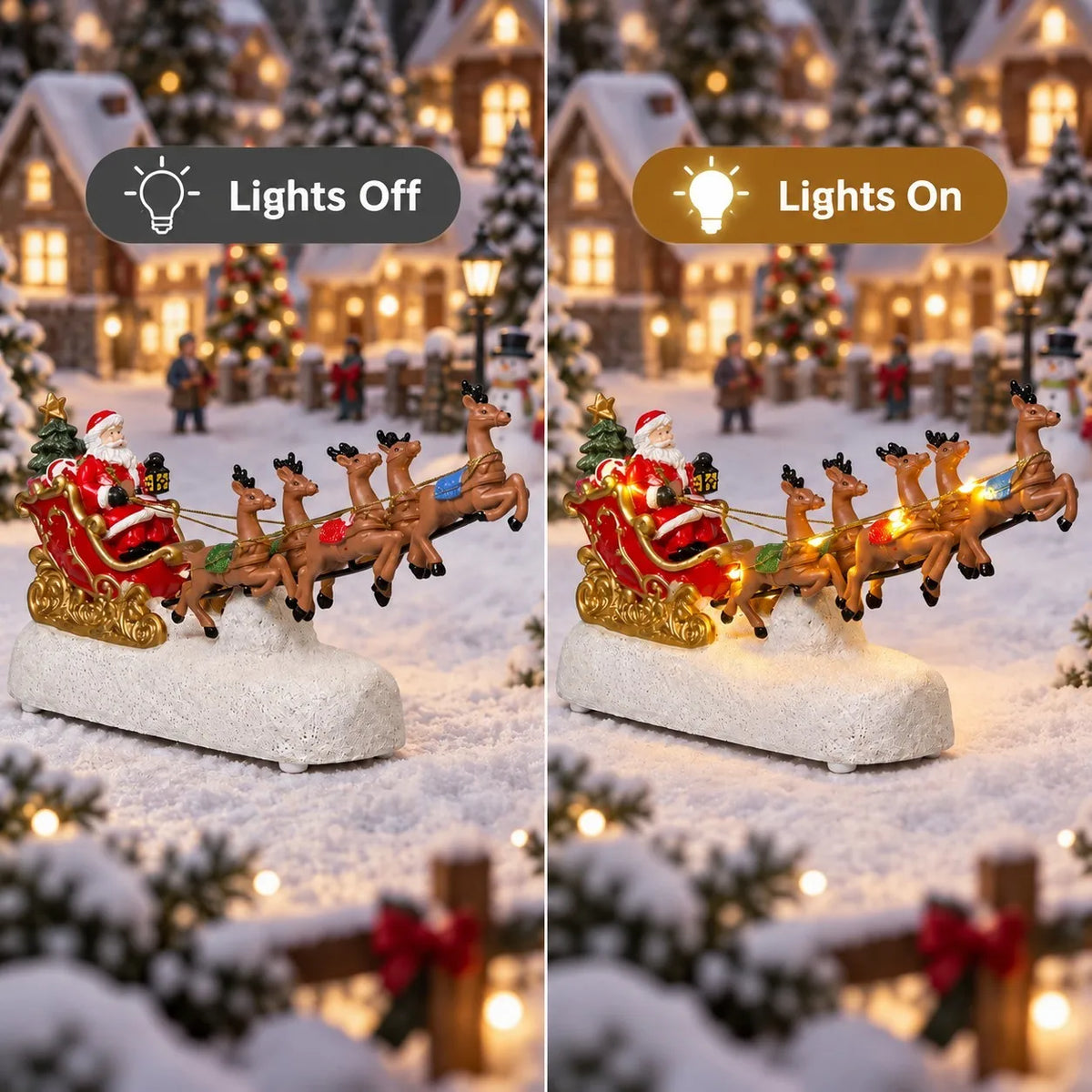 Christmas Village Santa Sleigh & Reindeer Figurine – Lighted Musical Tabletop Décor
