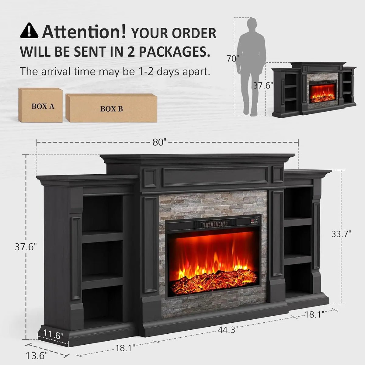 80" Electric Fireplace TV Stand with Mantel — Stacked Stone Surround
