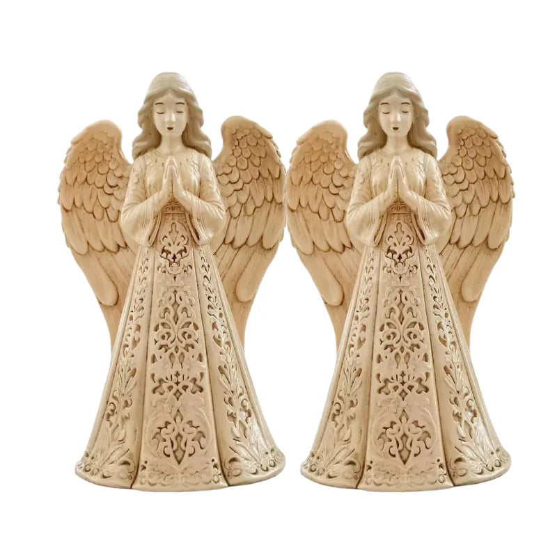 Christmas Praying Angel Statue with Warm LED Light – Hollow Resin Holiday Décor