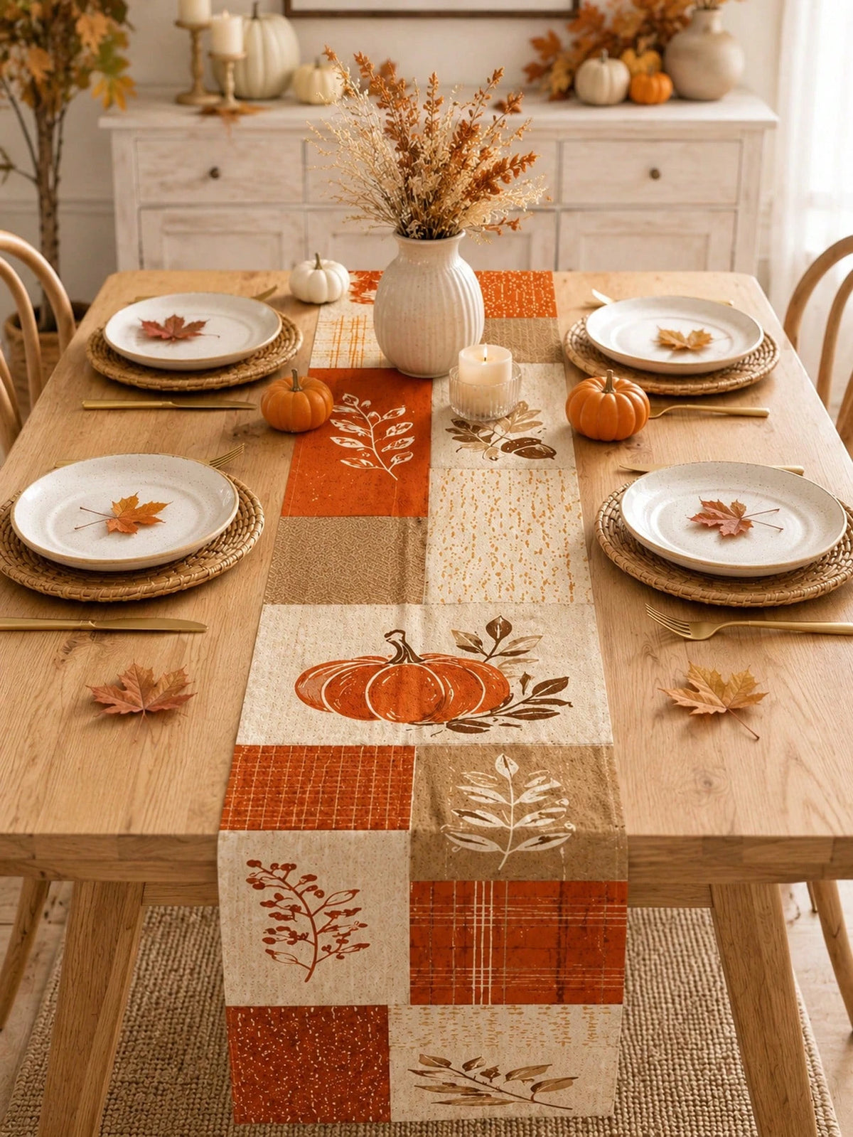 Fall Harvest Linen Table Runner, 2D Patchwork Pumpkin Autumn Leaf Print, Multiple Sizes, Ideal Thanksgiving Tabletop Decoration