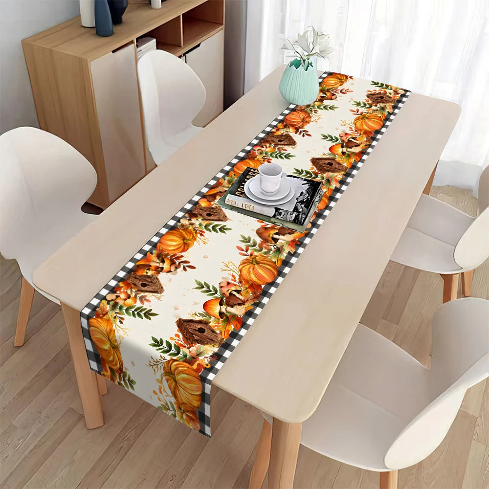 Fall Thanksgiving Table Runner Pumpkin Maple Leaf Black Buffalo Plaid Table Decor Autumn Harvest Holiday Kitchen Dining Table Ru