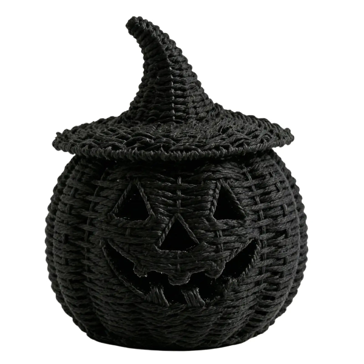 Hand-Woven Wicker Pumpkin Lantern with Witch Hat — Halloween Candle Holder & Fall Decor