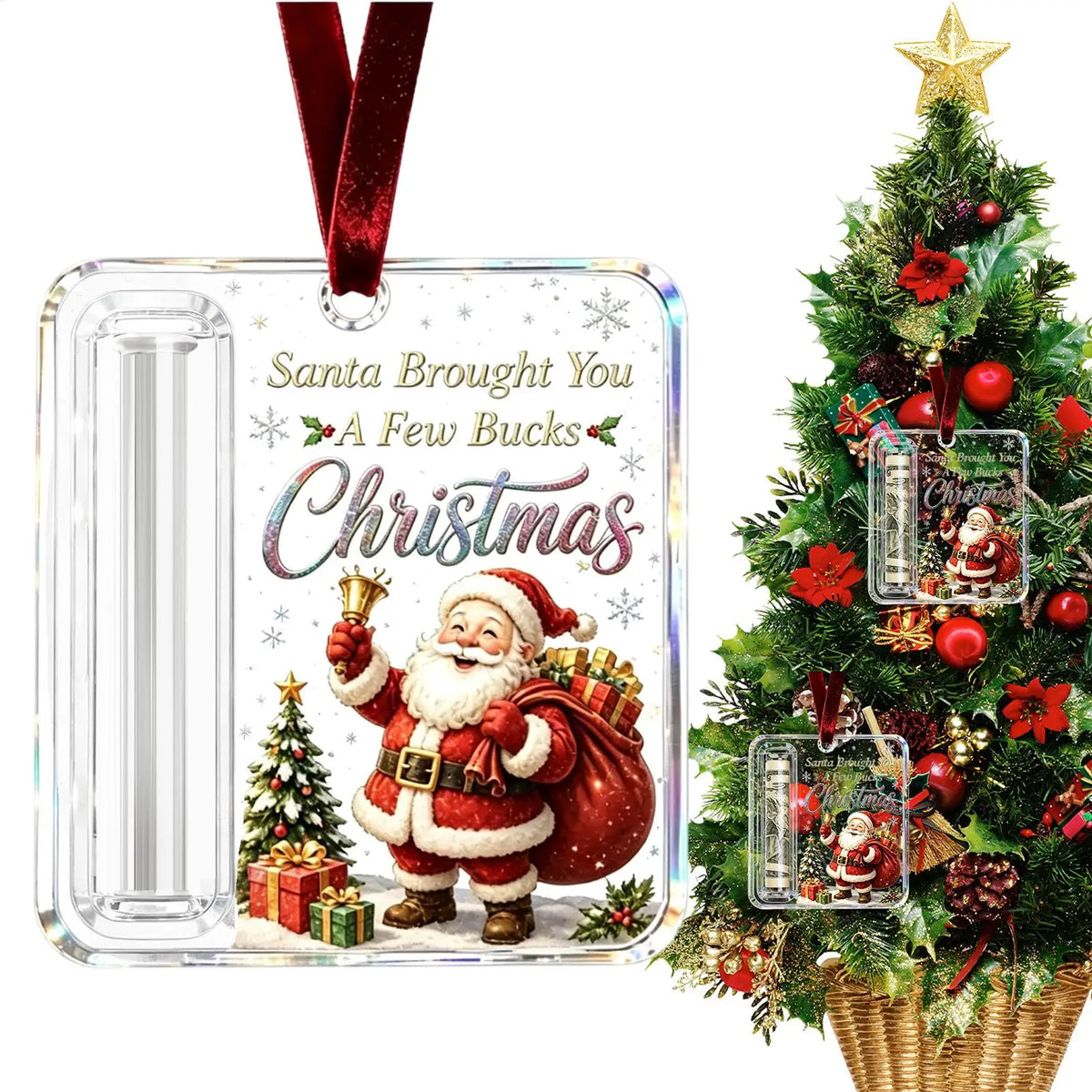 Christmas Acrylic Cash Holder Ornament — Reusable Holographic Money Gift
