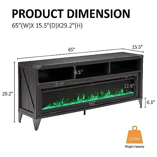 65" Fireplace TV Stand with 60" Glass Electric Fireplace — Industrial Farmhouse Media Center