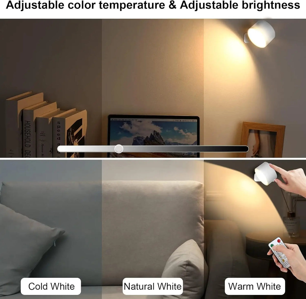 RGB LED Wall Sconce — Battery USB Rechargeable, Touch Control, 360° Rotation, 3-Level Brightness