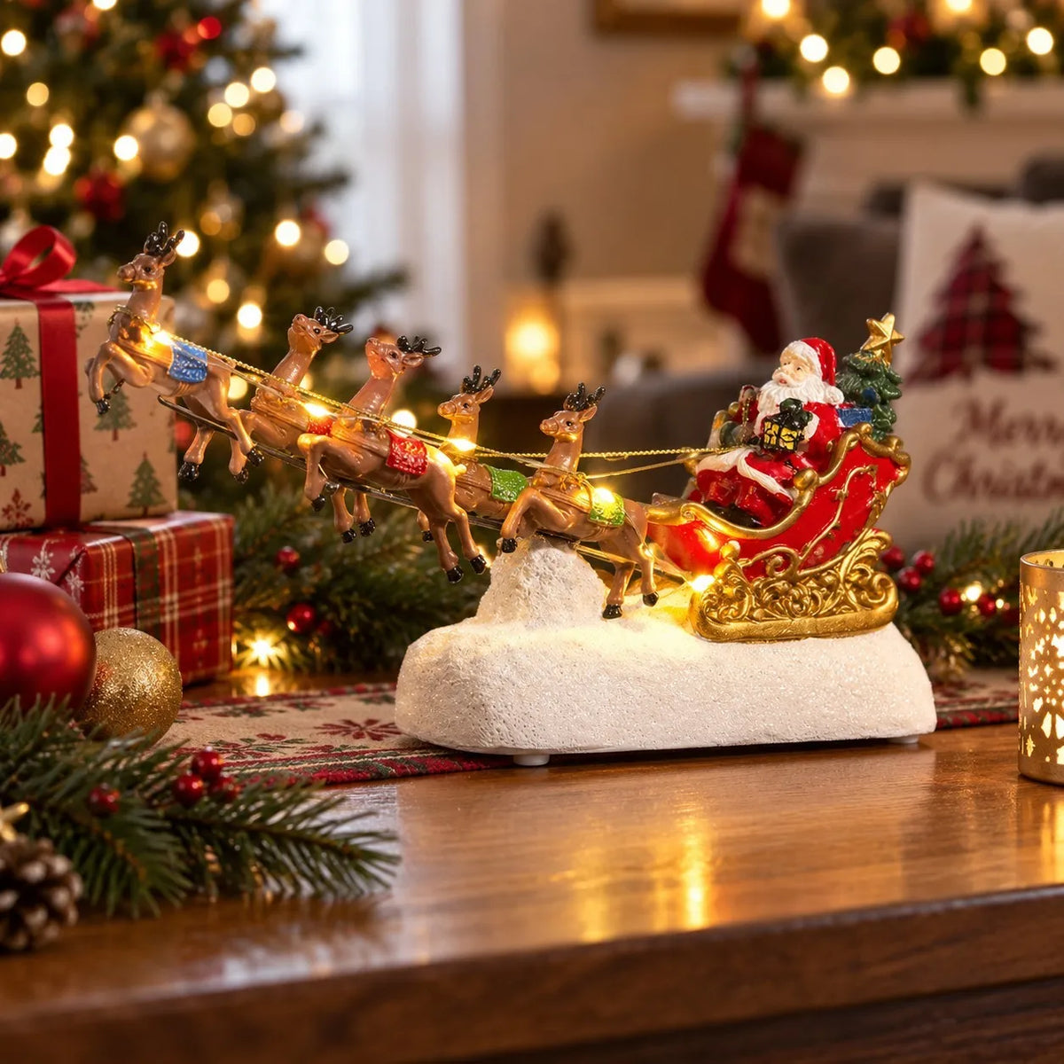 Christmas Village Santa Sleigh & Reindeer Figurine – Lighted Musical Tabletop Décor