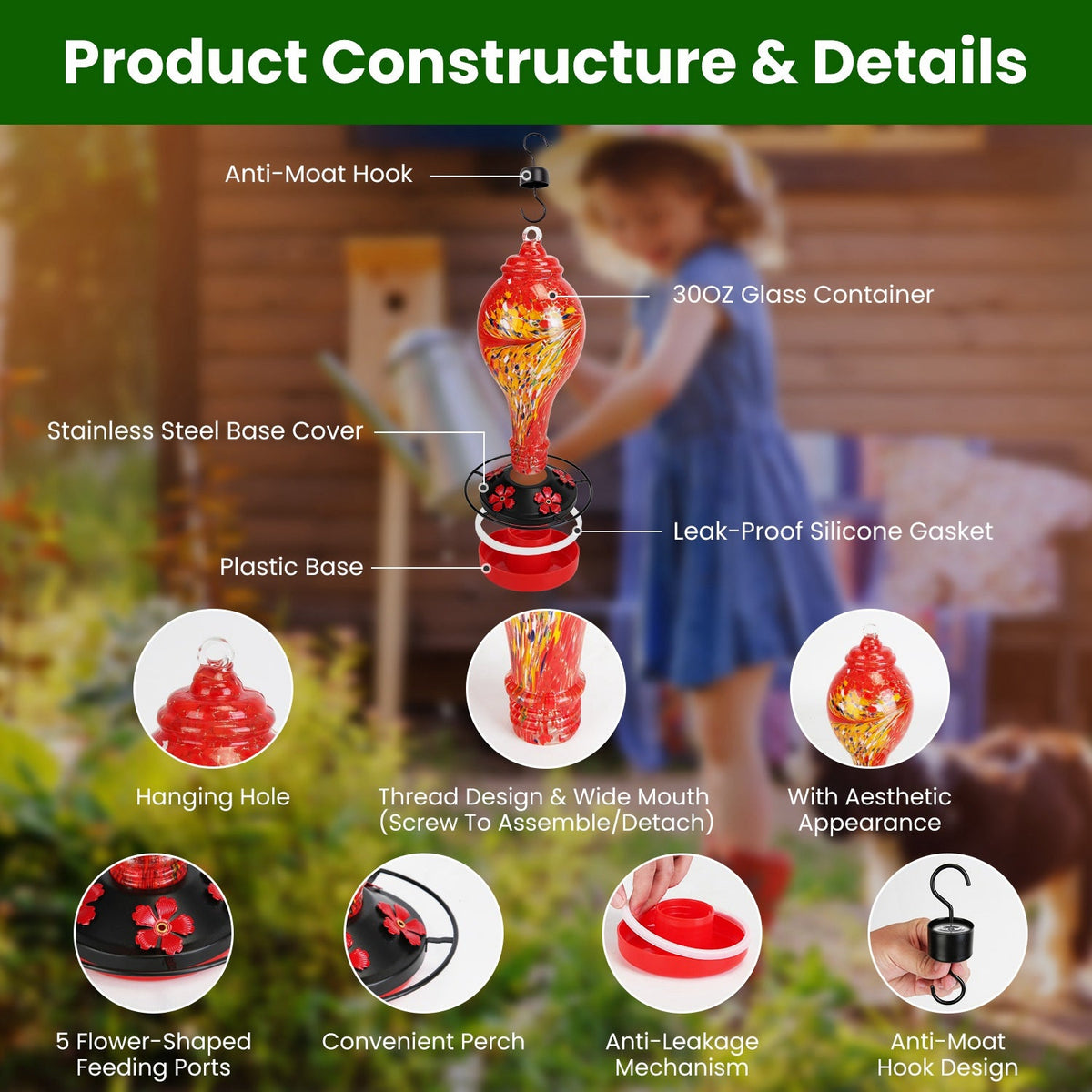 33oz Hand Blown Hummingbird Feeder with 5 Flower Feeding Port Perch Ant Moat Hanging Hook S Hook Hemp Rope Cleaning Brush for
