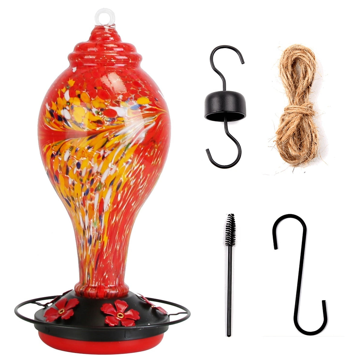 33oz Hand Blown Hummingbird Feeder with 5 Flower Feeding Port Perch Ant Moat Hanging Hook S Hook Hemp Rope Cleaning Brush for