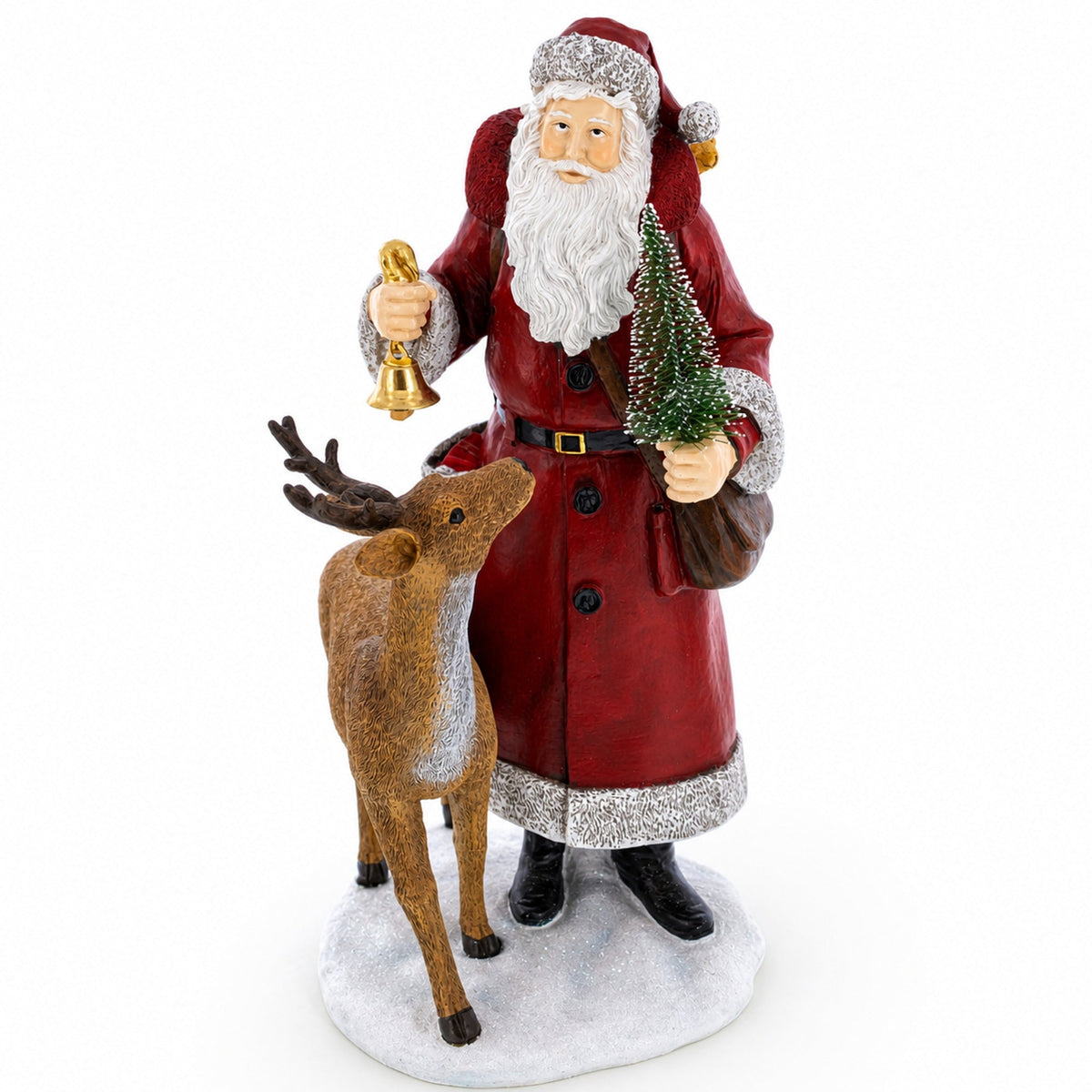 12in Santa Holding Christmas Tree and Bell by Reindeer Figurine