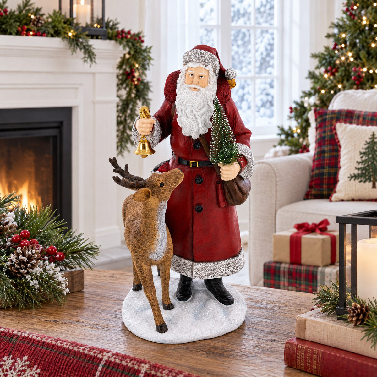 12in Santa Holding Christmas Tree and Bell by Reindeer Figurine