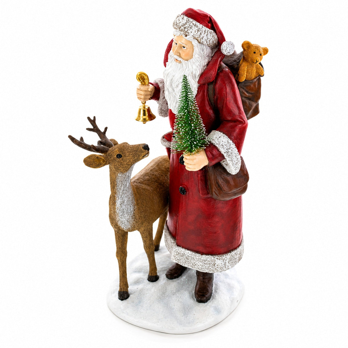12in Santa Holding Christmas Tree and Bell by Reindeer Figurine
