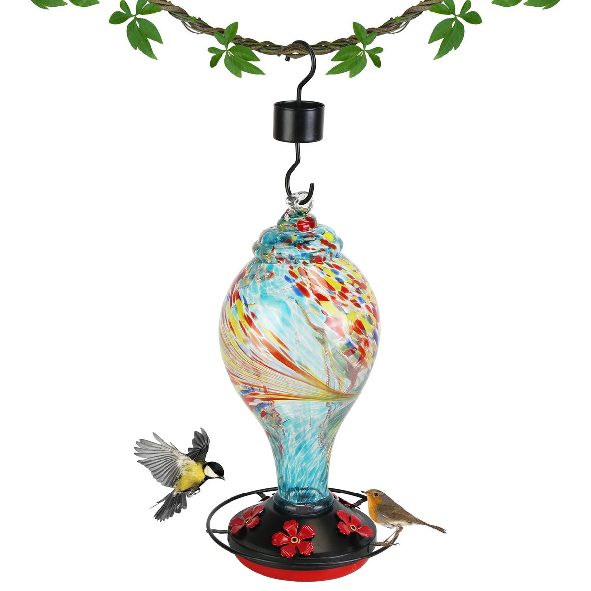 33oz Hand Blown Hummingbird Feeder with 5 Flower Feeding Port Perch Ant Moat Hanging Hook S Hook Hemp Rope Cleaning Brush for