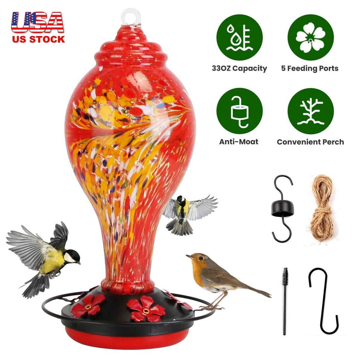 33oz Hand Blown Hummingbird Feeder with 5 Flower Feeding Port Perch Ant Moat Hanging Hook S Hook Hemp Rope Cleaning Brush for