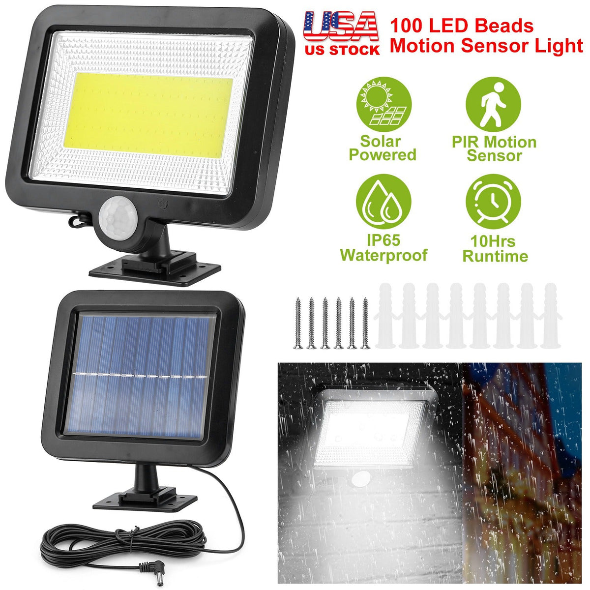 Solar Powered Wall Lights Outdoor 100 LED Beads Motion Sensor Lamp IP65 Waterproof Dusk To Dawn Sensor Light For Front Door Deck