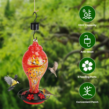33oz Hand Blown Hummingbird Feeder with 5 Flower Feeding Port Perch Ant Moat Hanging Hook S Hook Hemp Rope Cleaning Brush for