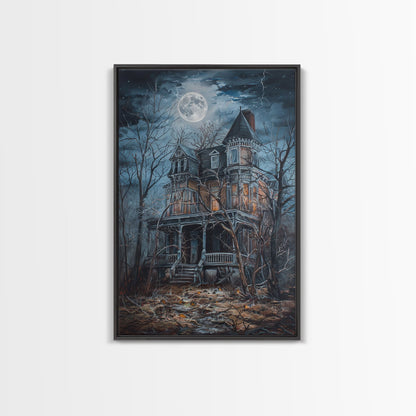 Abandoned House Under Moon Full Halloween Art, Spooky Mansion, Haunted Home, Creepy Decor, Gothic Artwork, Framed Canvas Print