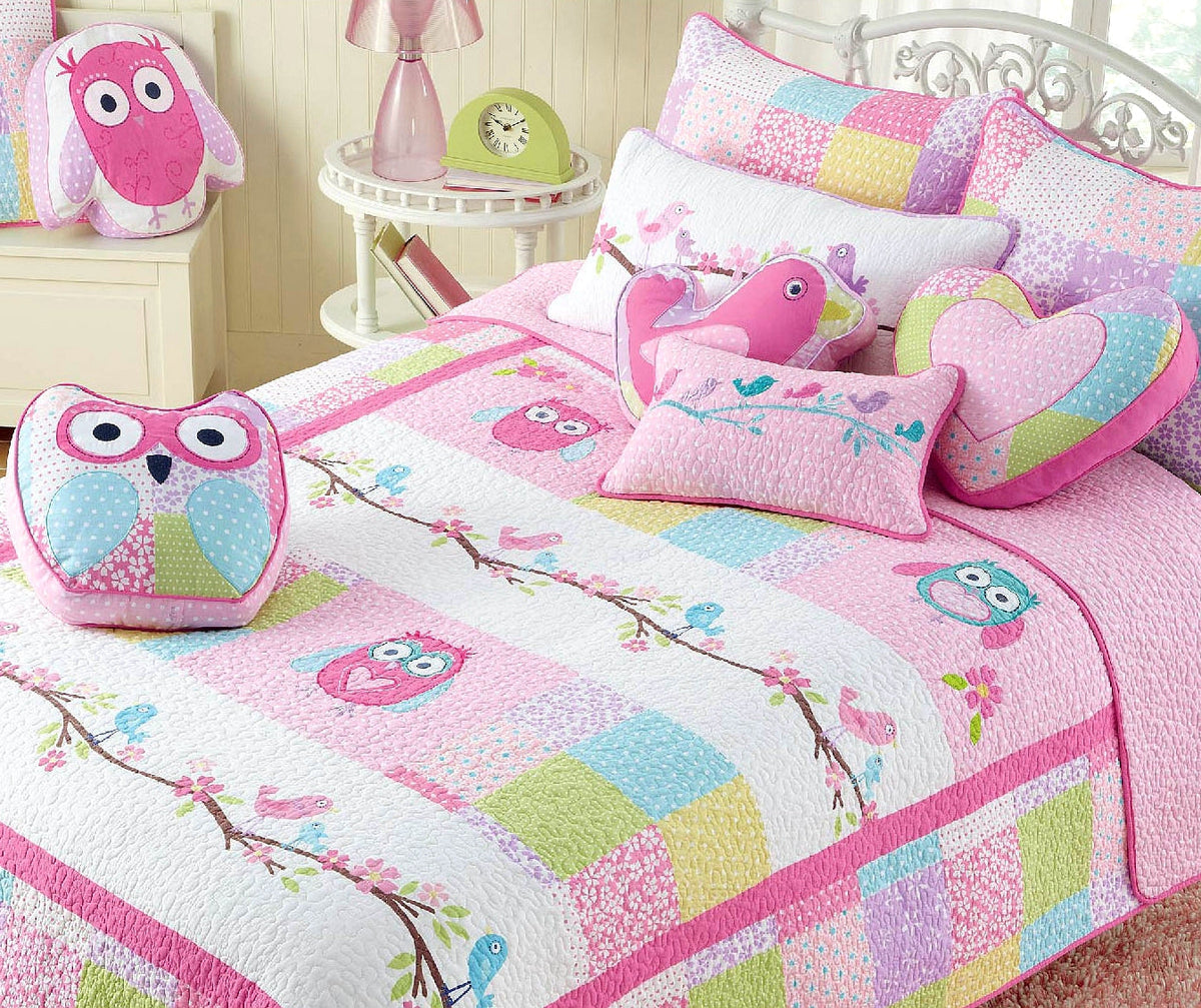 Pink Owl Embroidered Bird Novelty Throw Pillow