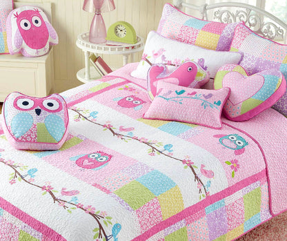 Pink Owl Embroidered Bird Novelty Throw Pillow