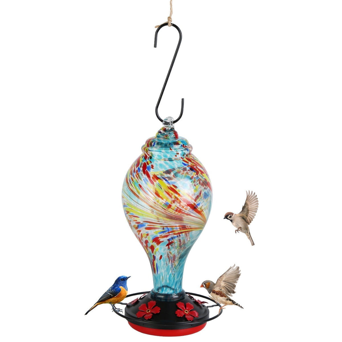 33oz Hand Blown Hummingbird Feeder with 5 Flower Feeding Port Perch Ant Moat Hanging Hook S Hook Hemp Rope Cleaning Brush for
