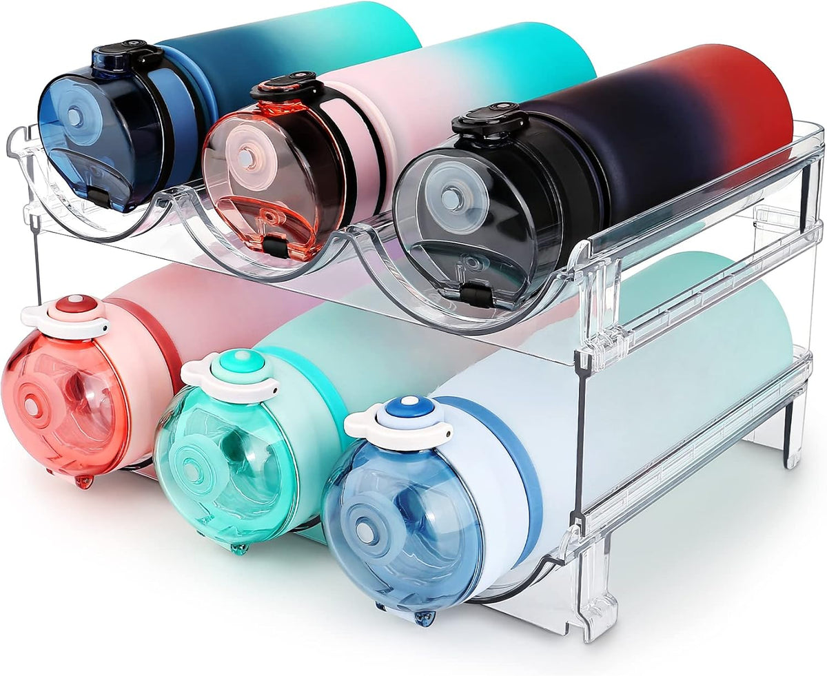 Stackable Water Bottle Organizer for Cabinet — 2-Pack Clear Rack for Pantry & Fridge