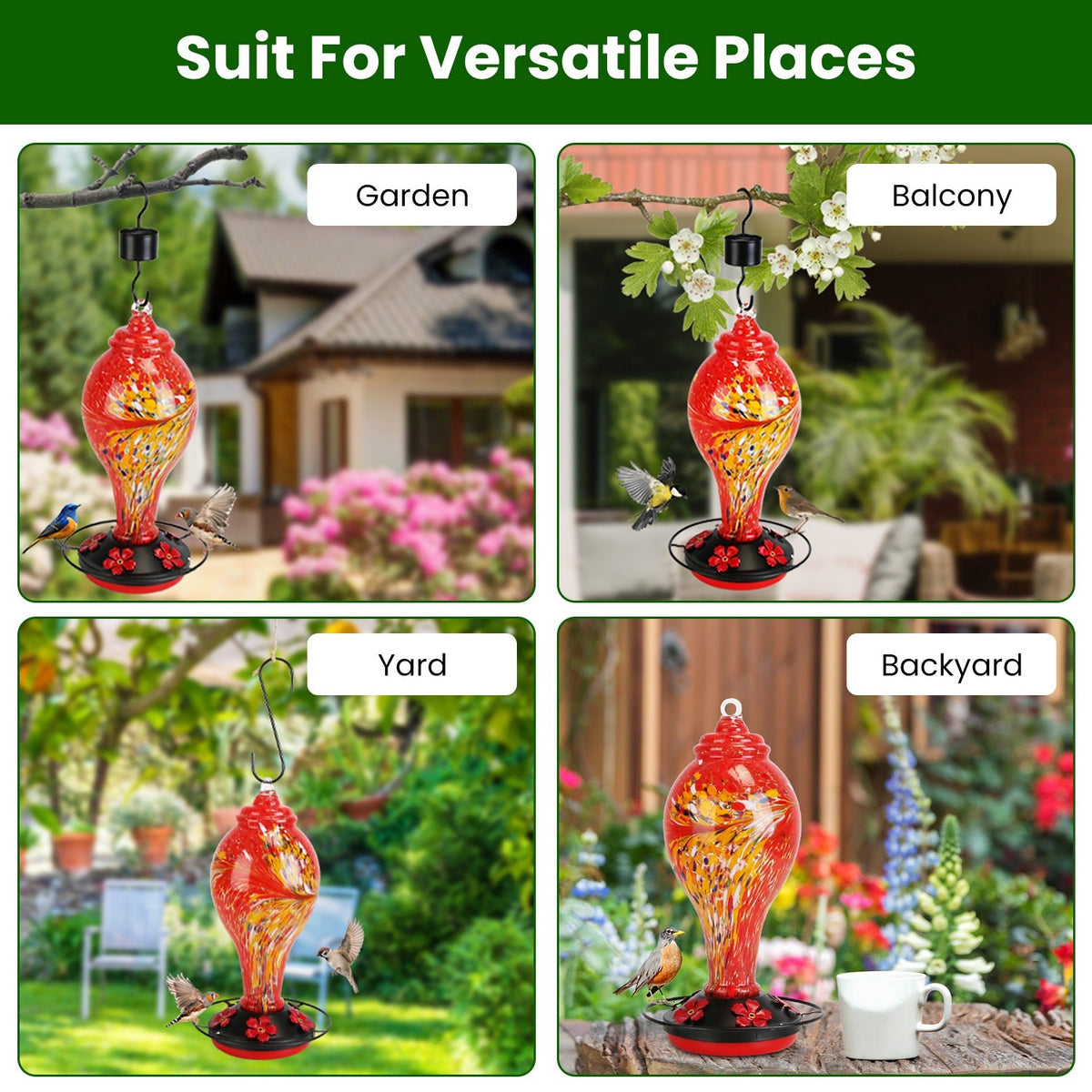 33oz Hand Blown Hummingbird Feeder with 5 Flower Feeding Port Perch Ant Moat Hanging Hook S Hook Hemp Rope Cleaning Brush for