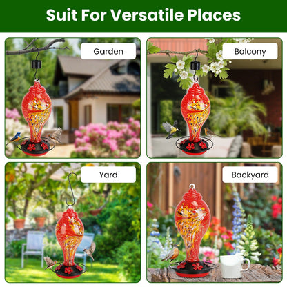 33oz Hand Blown Hummingbird Feeder with 5 Flower Feeding Port Perch Ant Moat Hanging Hook S Hook Hemp Rope Cleaning Brush for