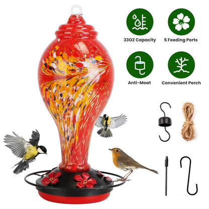 33oz Hand Blown Hummingbird Feeder with 5 Flower Feeding Port Perch Ant Moat Hanging Hook S Hook Hemp Rope Cleaning Brush for