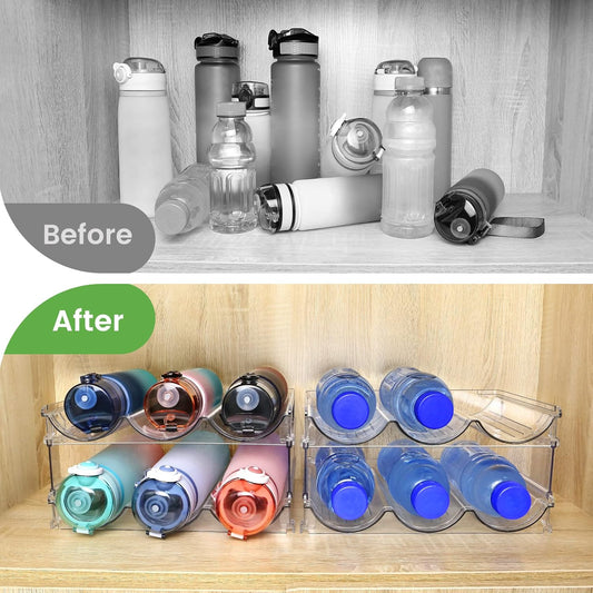 Stackable Water Bottle Organizer for Cabinet — 2-Pack Clear Rack for Pantry & Fridge