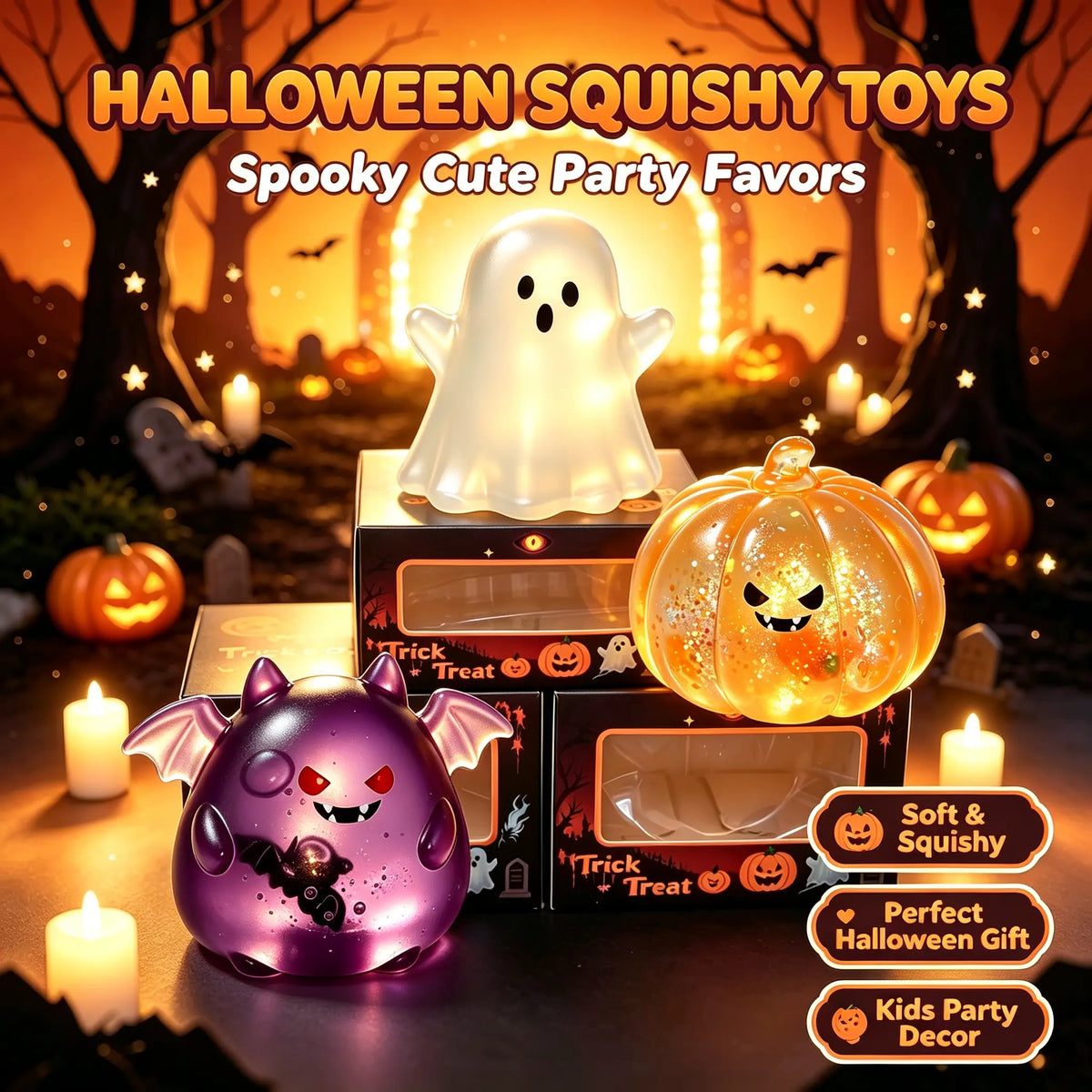 Unisex Halloween TPR Squishy Toy Set - Spooky Ghost/Demon, Bat & Pumpkin Designs, Slow-Rise Stress Relief Fidget Toys, Funny Party Favors & Trick-Or-Treat Bag Fillers