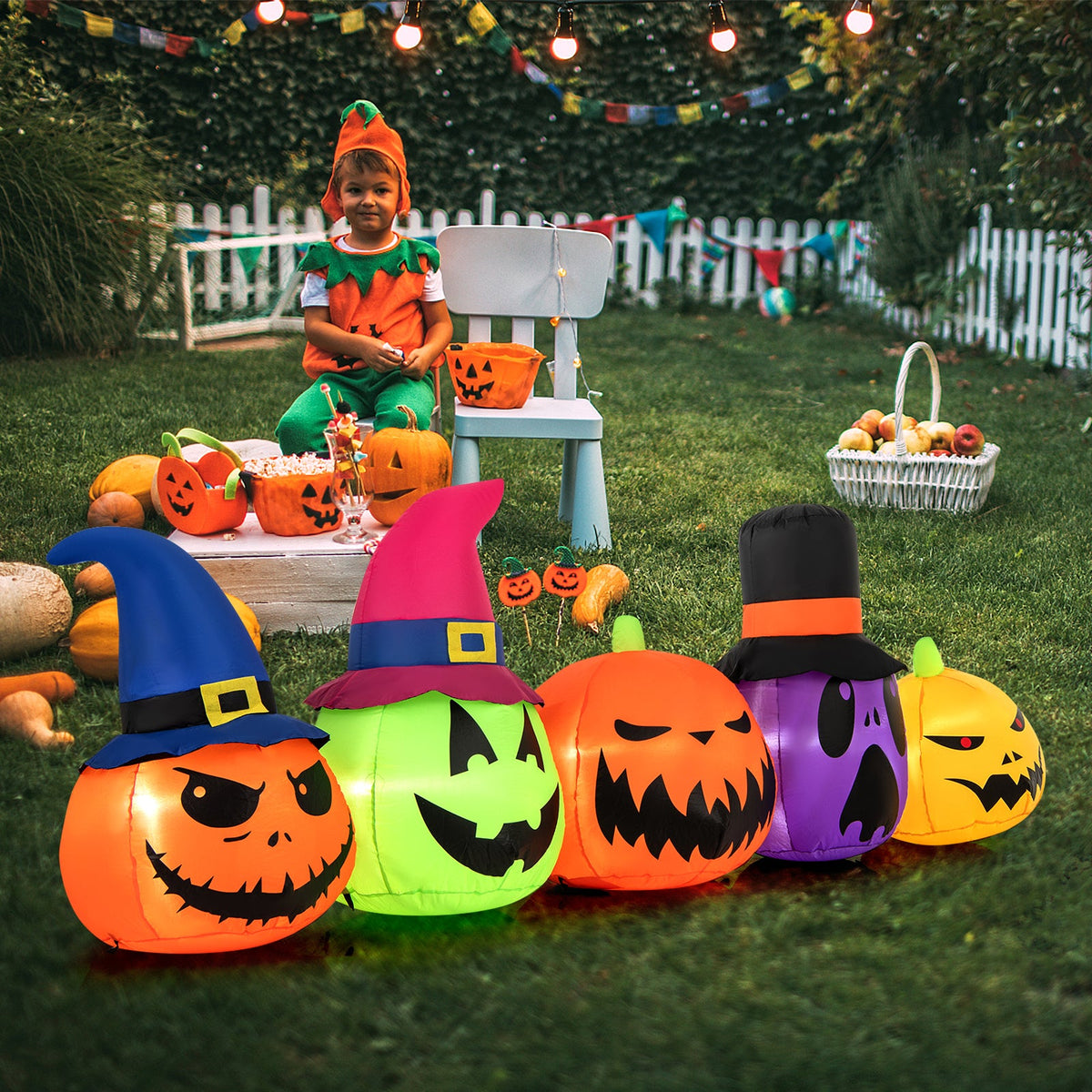 9 Feet Inflatable Pumpkin Patch Family with Built-in LED Lights and Witch Hats