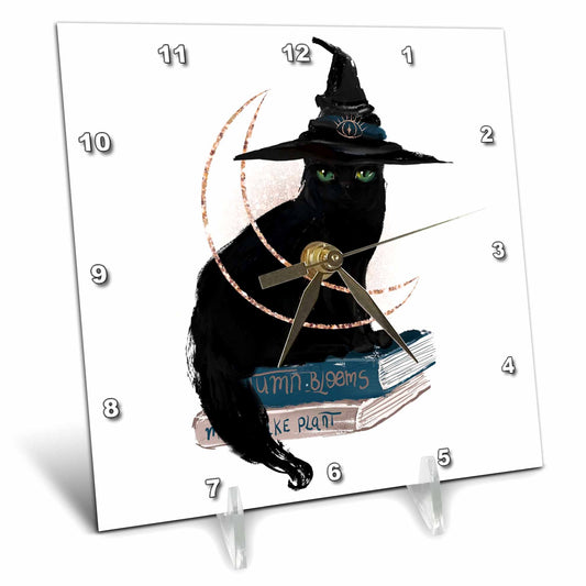 3dRose Cassie Peters Witchy Decor - Black Cat Cresent Moon Books - Desk Clocks (dc_354244)