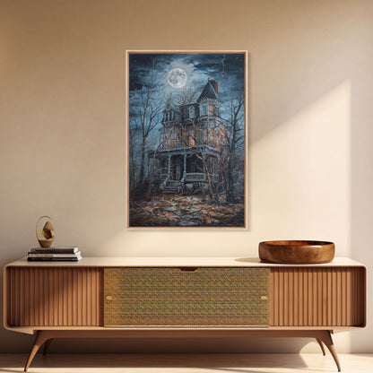 Abandoned House Under Moon Full Halloween Art, Spooky Mansion, Haunted Home, Creepy Decor, Gothic Artwork, Framed Canvas Print