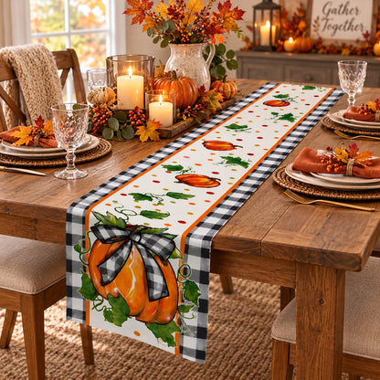 Fall Pumpkin Table Runner Black White Buffalo Plaid Edge, Autumn Harvest Bow Pumpkin Print Tablecloth, Thanksgiving Dining Table
