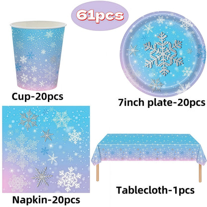 Christmas Snowflake Party Supplies Tableware Set Cups Plates Napkins Tablecloth Blue Purple Snowflake Birthday Decoration Props