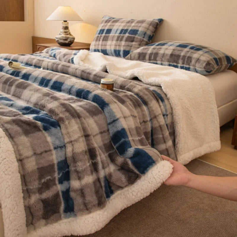 Thickened Double Layer Plaid Plush Blanket Faux Cashmere Autumn Winter Warm Bed Blanket Soft Cozy Sherpa Fleece Throw for Sofa
