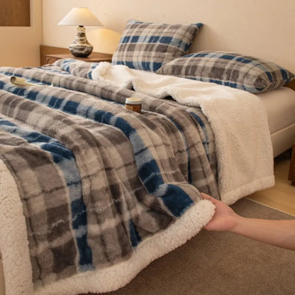 Thickened Double Layer Plaid Plush Blanket Faux Cashmere Autumn Winter Warm Bed Blanket Soft Cozy Sherpa Fleece Throw for Sofa