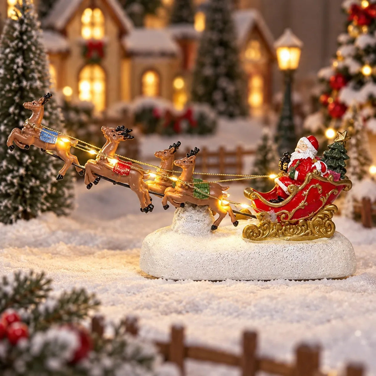 Christmas Village Santa Sleigh & Reindeer Figurine – Lighted Musical Tabletop Décor