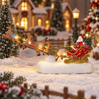 Christmas Village Santa Sleigh & Reindeer Figurine – Lighted Musical Tabletop Décor